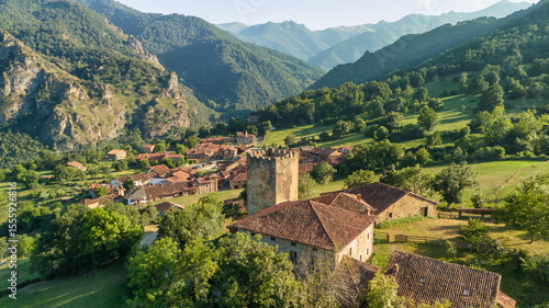 Obraz na płótnie Aerial view of the Mogrovejo medieval village in Cantabria, northern Spain