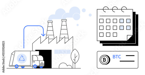 Recycling truck unloading at factory beside chimneys, calendar, and BTC payment card. Ideal for eco-friendly practices, cryptocurrency, blockchain, fintech, sustainability, industry waste