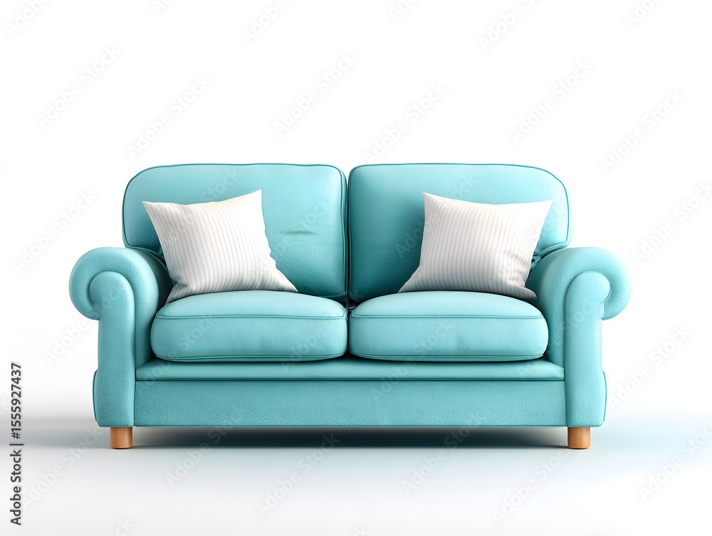 Fototapeta premium Isolated turquoise loveseat with white pillows sits on a clean white background in a studio setting nicely.