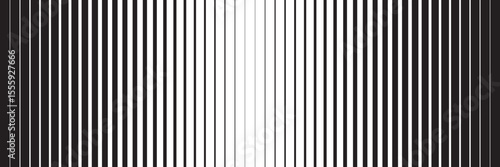Vertical black and white stripes pattern. Graphic background with parallel thick and thin lines. Geometric backdrop with optical illusion effect. Abstract vector illustration.
