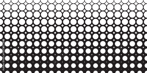 Dot circular grid pattern with gradient stroke thickness. Black and white geometric circular shapes layout transitioning from bold to thin lines. Abstract optical vector illustration.