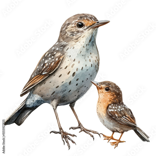 A Mother Thrush With Her Kid, watercolor painting vector, isolated on a white background.