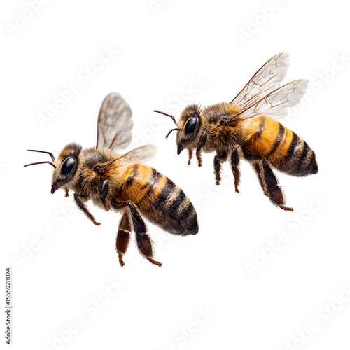 Two bees pollinating in mid-air, detailed wing textures and body hair, side view macro lighting, transparent background PNG in photorealistic 8K resolution