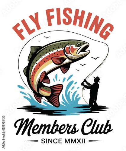 Scalable modern vector illustration depicting a dynamic fly-fishing scene t-shirt print , leaping rainbow trout, highly detailed, easily editable.