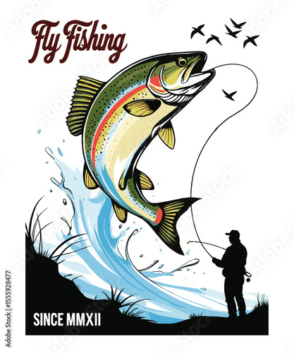 Scalable modern vector illustration depicting a dynamic fly-fishing scene t-shirt print , leaping rainbow trout, highly detailed, easily editable.