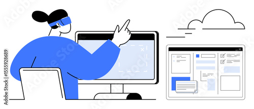 Person using futuristic technology on a desktop, pointing towards cloud-connected digital interface. Ideal for innovation, teamwork, communication, tech solutions, remote work, creativity, simple