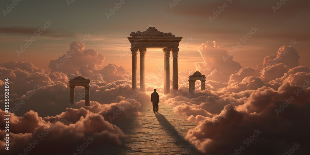 Fototapeta premium Man standing in front of heaven gate in the sky background wallpaper with copy space. Christian religious backdrop