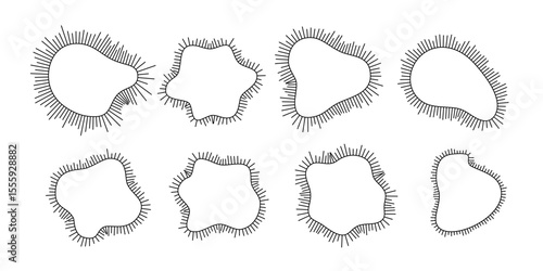 Abstract amoeba shapes with radial lines. Wavy organic blobs with spiky rays, black outlines on white background. Vector illustration.