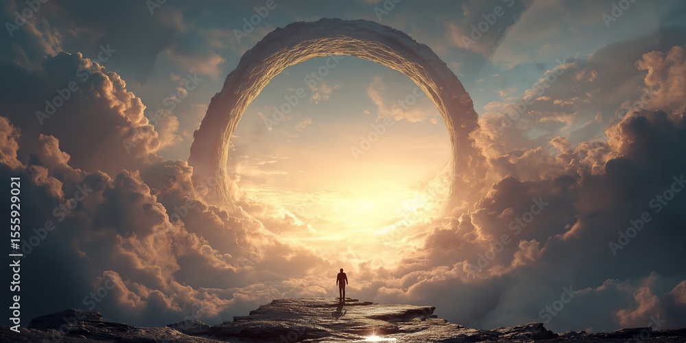 Fototapeta premium Man standing in front of heaven gate in the sky background wallpaper with copy space. Christian religious backdrop