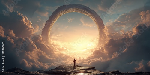 Man standing in front of heaven gate in the sky background wallpaper with copy space. Christian religious backdrop