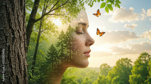 Double exposure woman and forest, serene female profile blended with forest trees and butterflies in soft light. For wellness ads, eco posters, mental health campaigns, and nature blogs.