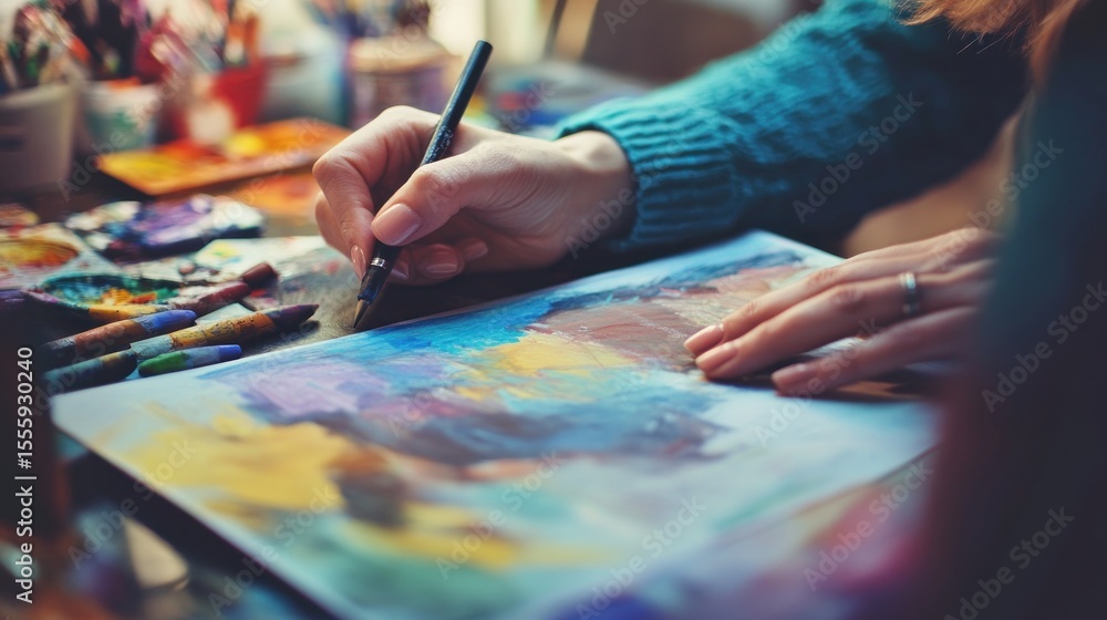Obraz premium Close-up of woman's hands drawing on colorful artwork.