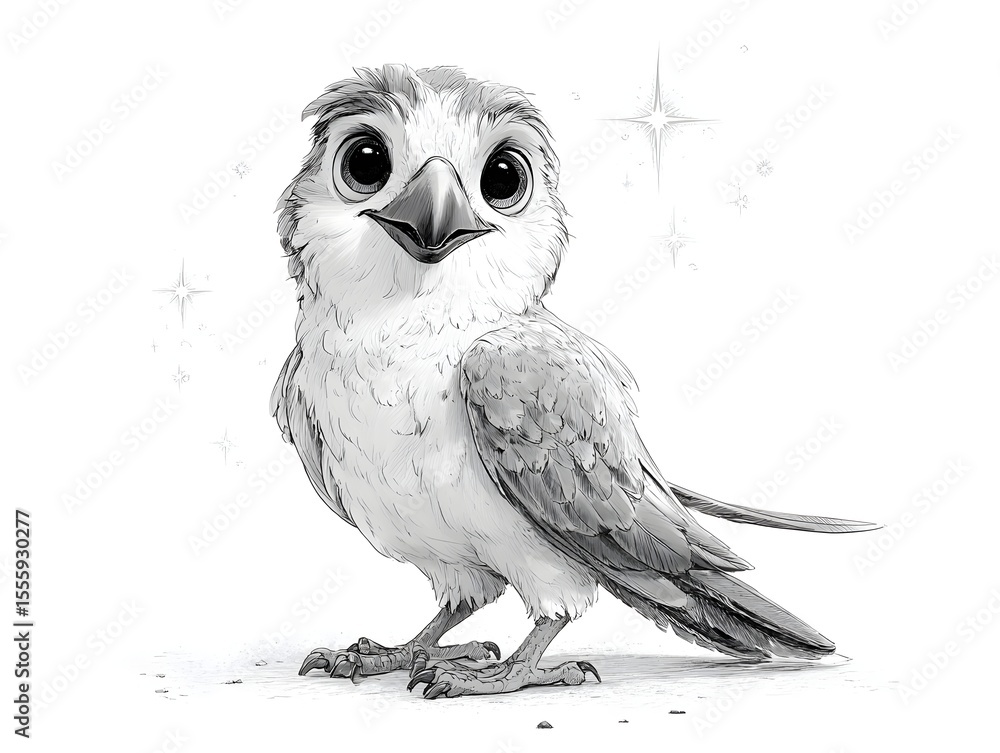 Fototapeta premium A cute little bird with big eyes and soft feathers stands sweetly against a bright shimme background.