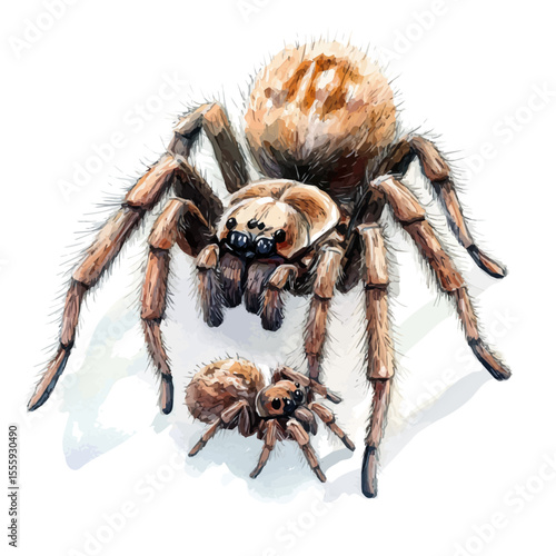 A Mother Tarantula With Her Kid, watercolor drawing vector, isolated on a white background.