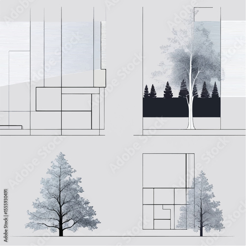 Minimal CAD tree line drawings with side, plan, and section views. Perfect for landscape architecture, forest outline symbols, and vector illustrations for professional design projects.