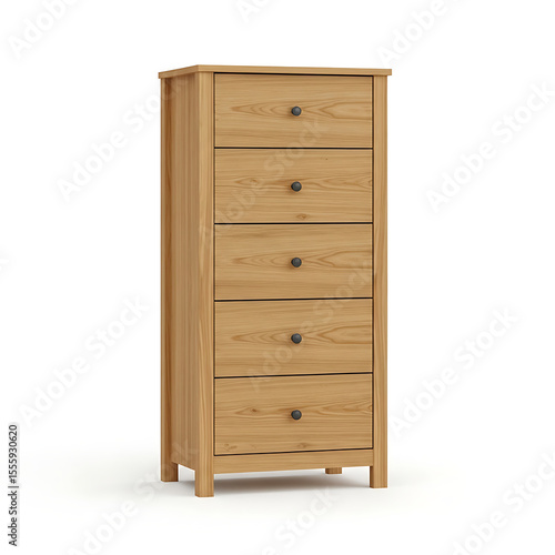 Beige wooden tall dresser with six drawers