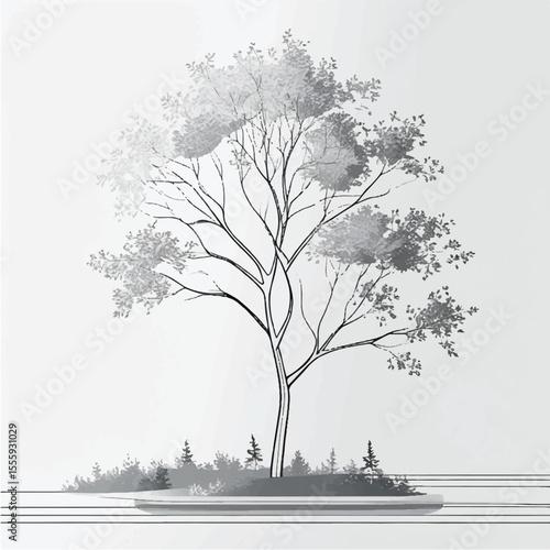 Grunge floral background with hand-drawn winter trees silhouette