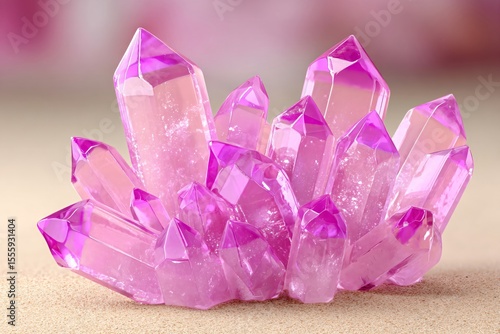 Cluster of vibrant pink crystals on sandy surface, sparkling details, soft pink and violet tones, with space for text.