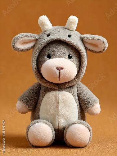 A charming gray plush cow toy with a hood sits upright against a warm tan colored studio background.