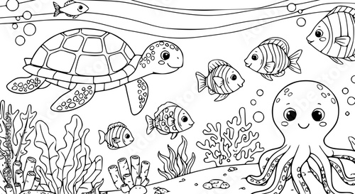 Sea turtle swimming with fish in ocean coloring page for kids