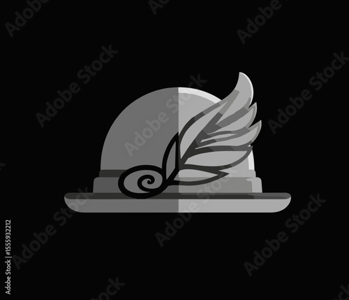 Elegant gray-scale illustration of a classic hat with a feather decoration
