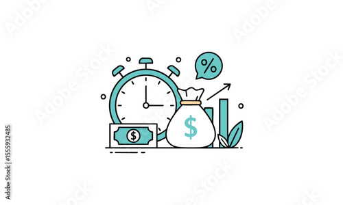 Modern Business Financial Management Icon with Clock, Money Bag, Cash, Percent, and Growth Chart