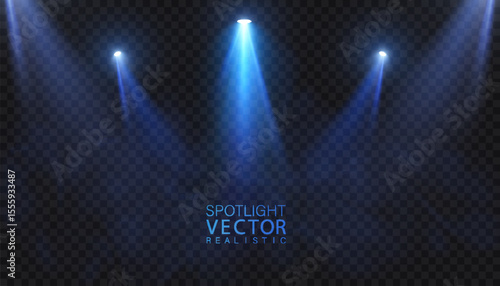 Stage spotlights with blue glow and bright downward beams. Realistic vector spotlight for stages, presentations and show design.
