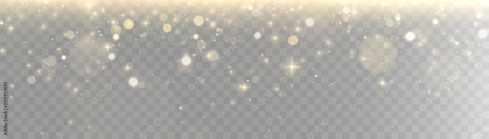 Gold dust light bokeh. Christmas glowing bokeh and glitter overlay texture for your design on a transparent background. Golden particles abstract vector background.