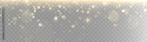 Gold dust light bokeh. Christmas glowing bokeh and glitter overlay texture for your design on a transparent background. Golden particles abstract vector background.	
