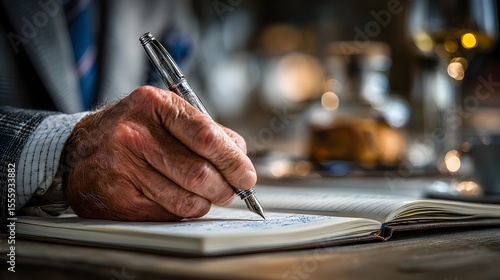 A mature gentleman carefully writes in a journal with a fountain pen at a rustic table setting indoors.