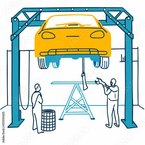 Two mechanics repairing yellow car on hydraulic lift