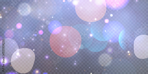 Sparkling glare light effects with colorful shimmer. Beautiful lens flare effect with bokeh, glittery particles and rays. Shining abstract background. Vector illustration	