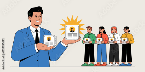 hr manager offering employee stock option plan to team, vector illustration for talent acquisition and corporate benefits program