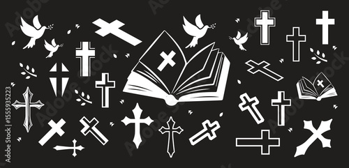 Black Christianity Icons Church bulding line icon set. Icons of christian religion