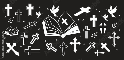 Black Christianity Icons Church bulding line icon set. Icons of christian religion