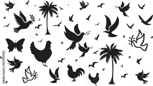 Cute cartoon flat birds clipart. Bird and birdhouse, leaves, flowers and garden berries. Forest and gardening elements, springtime racy vector set