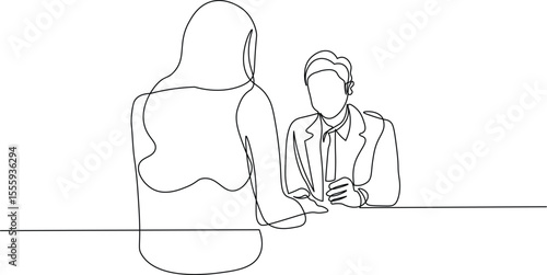 Job interview - vector modern simple one continuous line design composition with recruiter and candidate. Minimalist illustration of women and men sitting and talking.