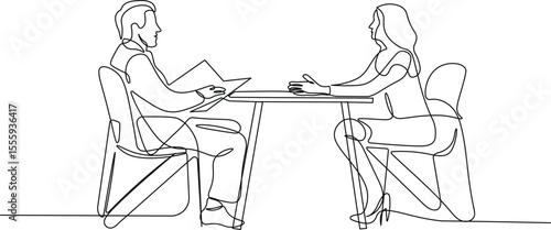 Job interview - vector modern simple one continuous line design composition with recruiter and candidate. Minimalist illustration of women and men sitting and talking.