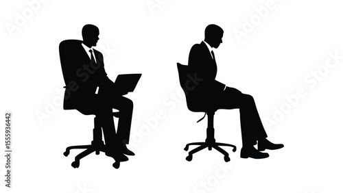Silhouettes of business people working on computers and laptops at office desks, illustrating success and technology Team working in office silhouette icon