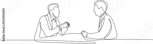 Job interview - simple modern vector one continuous line design composition with recruiter and candidate. Minimalist illustration of two men sitting and talking isolated on white background
