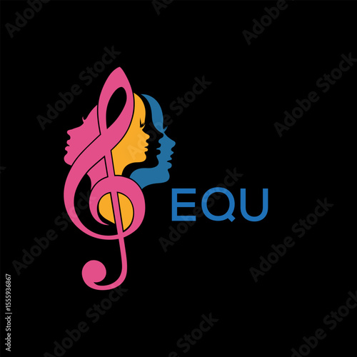 EQU Colorful Music Logo, with Female Silhouettes and Treble, Clef EQU Later Logo,  Colorful Music Logo, with Female Silhouettes and Treble Clef.
