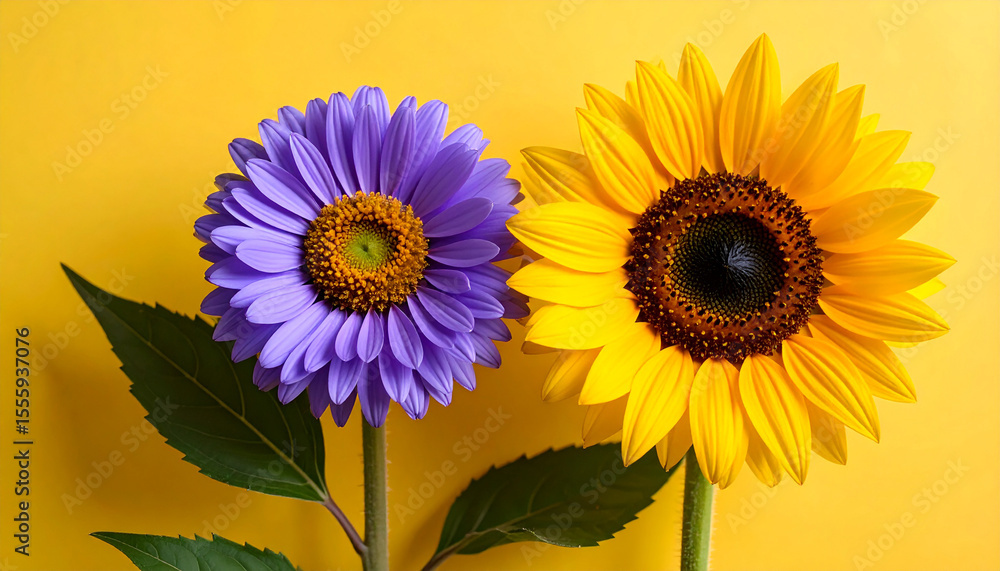 Obraz premium Bright yellow sunflowers with vibrant petals on white and blue backgrounds showing natural summer bloom and floral beauty.