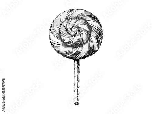 Christmas candy swirl pop, vintage black sketch style, festive sweet holiday treat, old engraving style, trendy seasonal decor illustration, winter celebration art, retro holiday motif