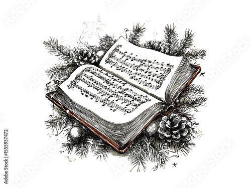 Vintage Christmas carol book engraving, hand-drawn seasonal decor, festive holiday music icon, old engraving style, trendy engraved Christmas motif, winter celebration art, classic sketch