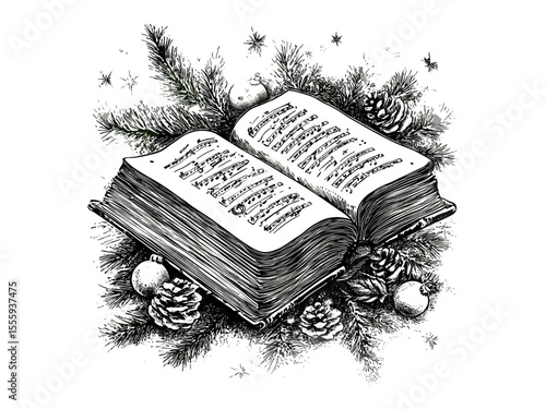 Christmas carol book engraving, vintage festive music icon, hand-drawn seasonal decor, trendy engraved Christmas motif, black sketch style, holiday ornament design, retro holiday illustration