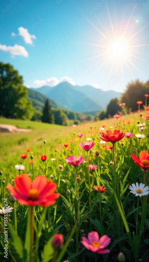 Obraz premium Sun-drenched summer landscape featuring vibrant wildflowers in a lush green meadow, under a clear blue sky Golden hour lighting bathes the scene in warmth , blossom, nature