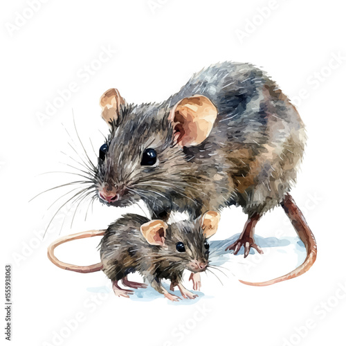 A Mother Rat With Her Kid, watercolor clipart vector, isolated on a white background.