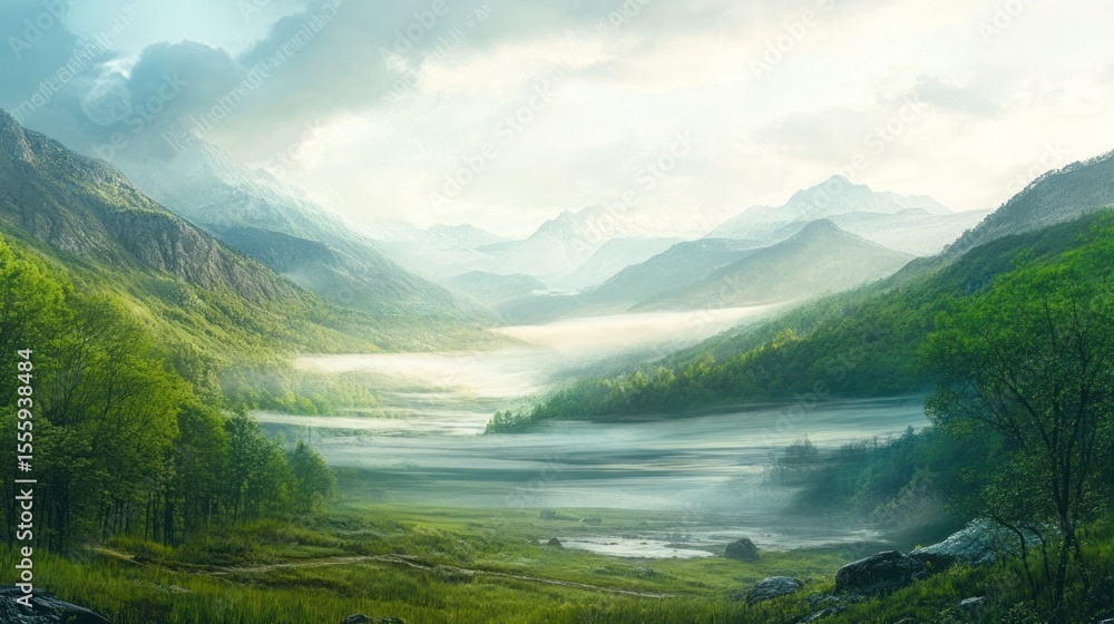 Fototapeta premium Mountain valley shrouded in morning mist