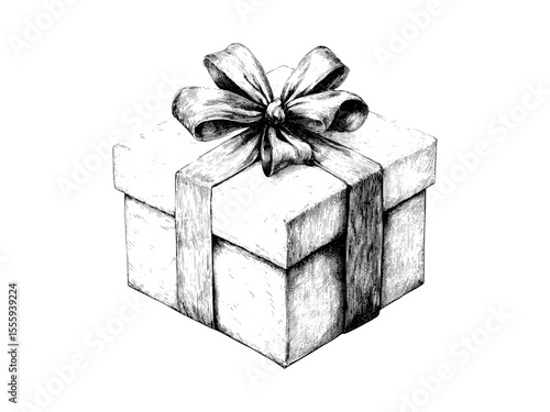 Vintage Christmas gift box with ribbon, engraved hand-drawn black sketch, retro festive holiday decor, seasonal wrapped present illustration, rustic winter art, monochrome drawing, antique motif