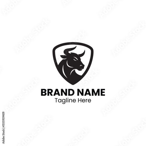 Black bull head inside a shield logo design for a brand name and tagline presentation